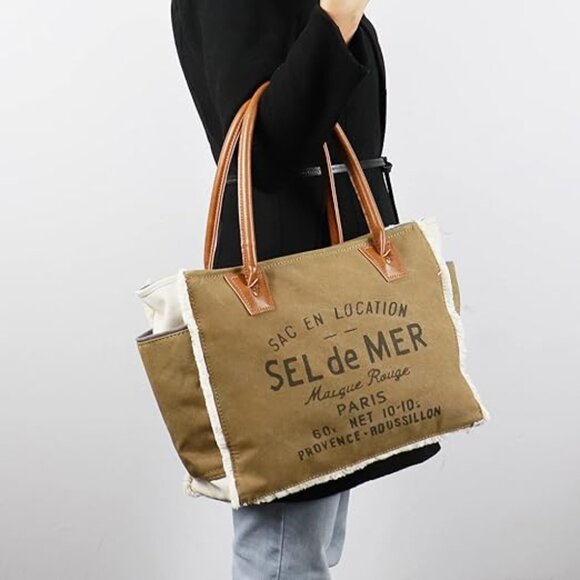 Neiman Marcus Sel De Mer Canvas Leather Tote Bag - Picture 2 of 5